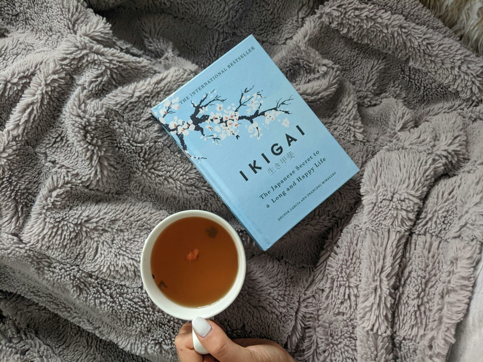 Enjoy a relaxing day with Ikigai and a cup of tea on a soft blanket, perfect for leisure time.