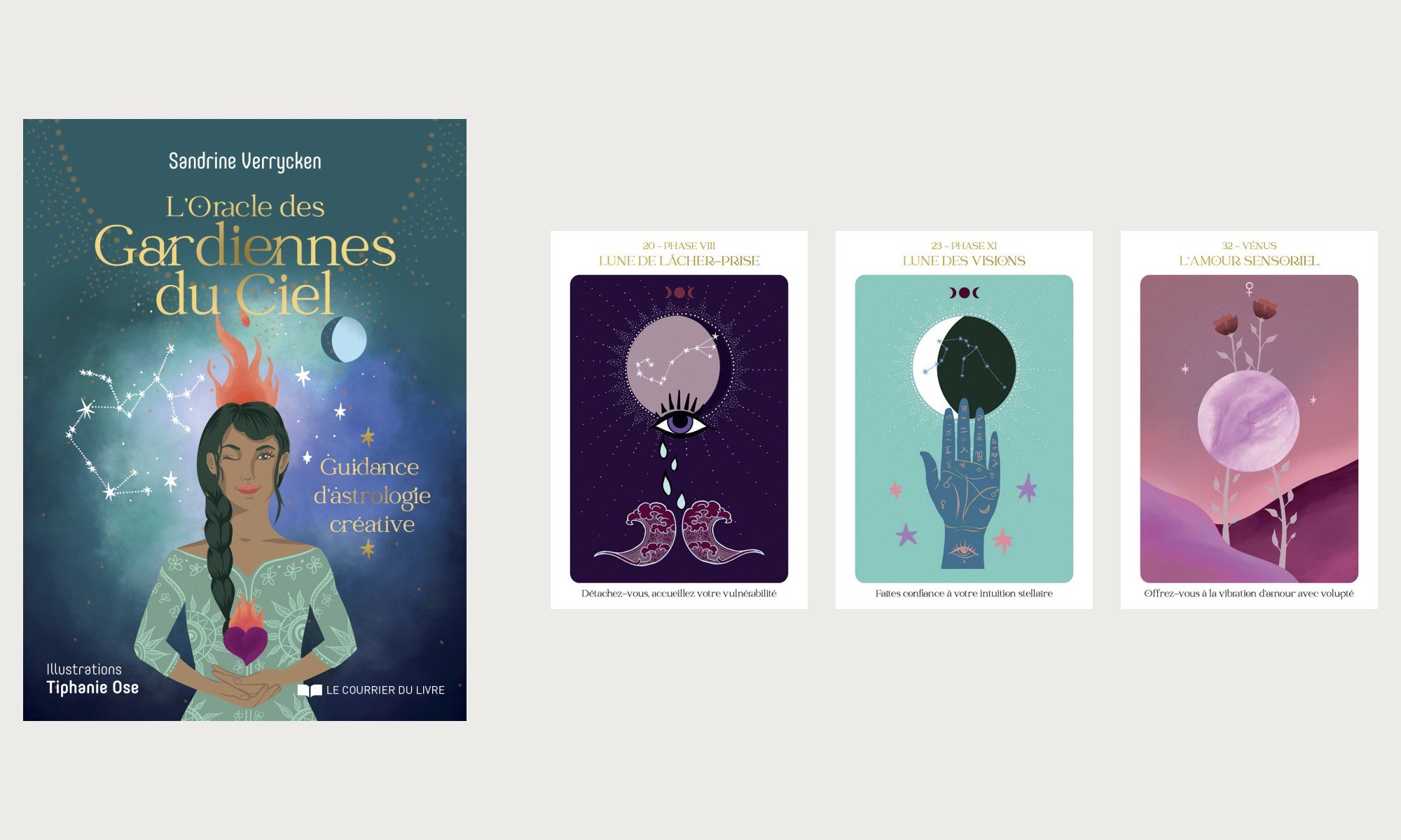 Coffret et trois cartes de L'Oracle des Gardiennes du Ciel, de Sandrine Verrycken, illustré par Tiphanie Osé