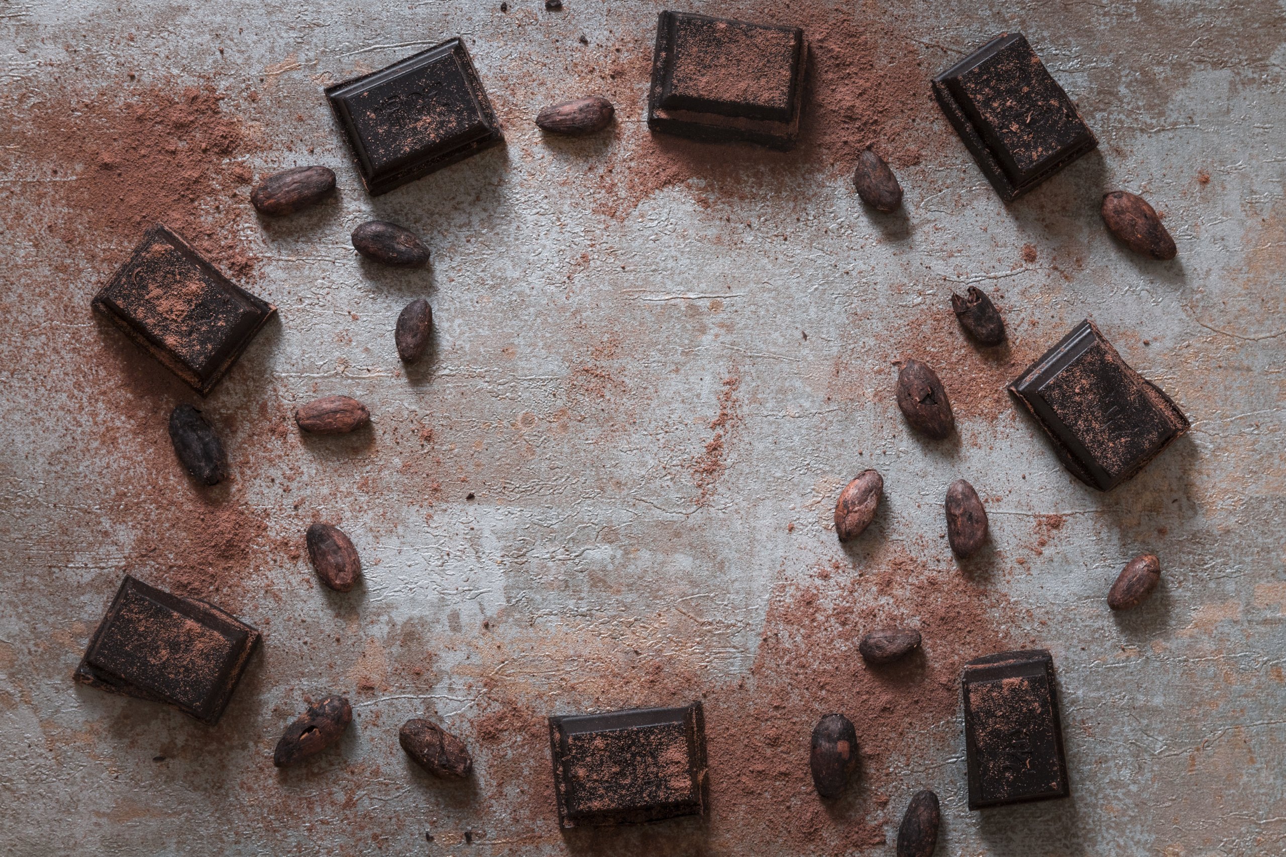 Carrés de chocolat noir, fèves de cacao et poudre de cacao vus de dessus