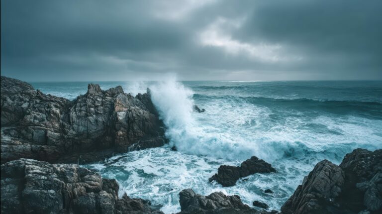 Vagues puissantes se brisant sur une côte rocheuse sous un ciel d'orage