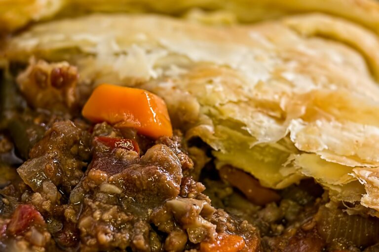 Tourte à la viande entamée, pâte feuilletée dorée au-dessus d’une farce de viande hachée et de carottes