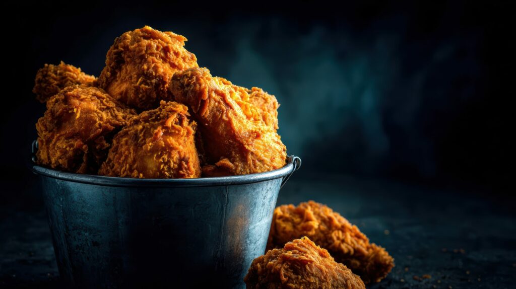 Morceaux de poulet frit croustillant empilés dans un seau en métal sur fond sombre