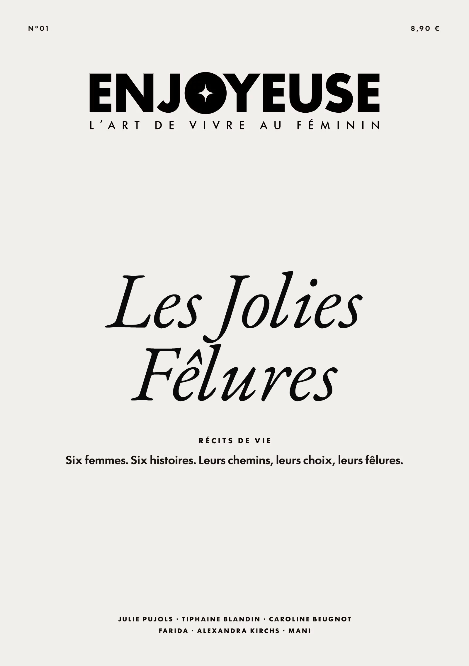 Couverture typographique de la revue Enjoyeuse n°01 « Les Jolies Fêlures », récits de vie de six femmes