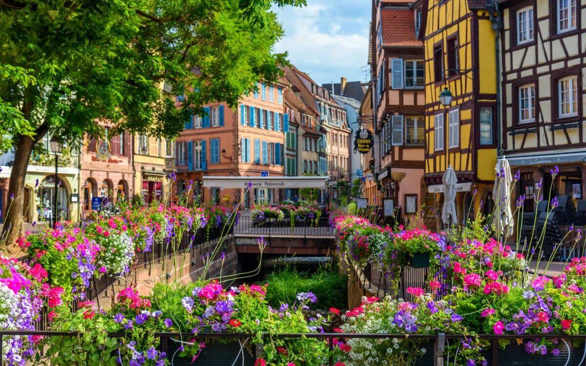 Quais fleuris et façades colorées au bord du canal, à Colmar