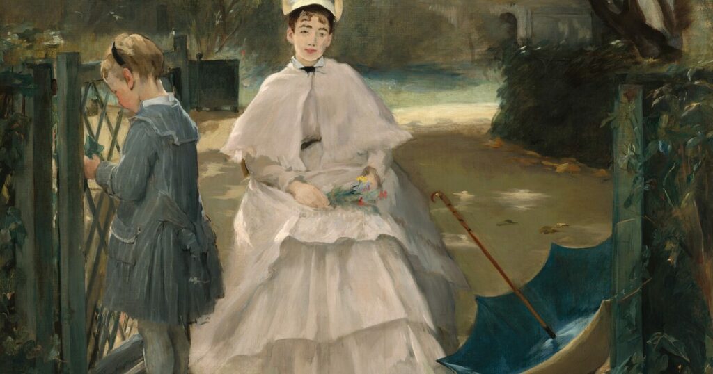 Détail du tableau Nanny and Child d’Eva Gonzalès, une femme en robe blanche et une nourrice dans un jardin