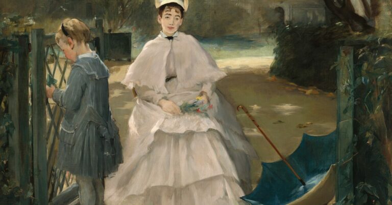 Détail du tableau Nanny and Child d’Eva Gonzalès, une femme en robe blanche et une nourrice dans un jardin