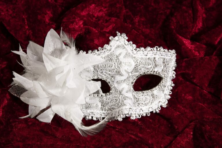 Loup vénitien blanc en dentelle orné de plumes posé sur un velours rouge