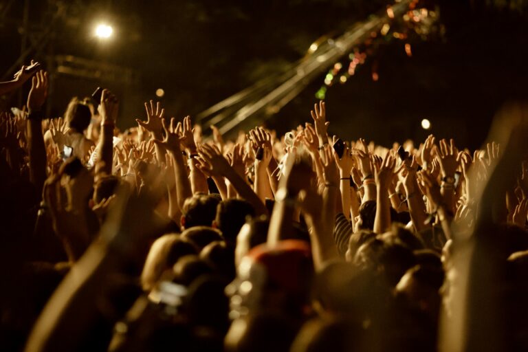 Foule de spectateurs bras levés devant une scène de concert éclairée la nuit
