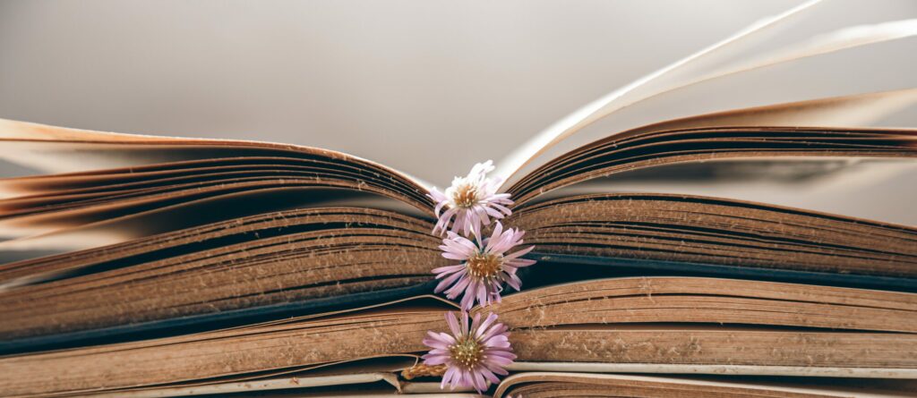 Gros plan sur des pages ouvertes de livres anciens empilés, devant un fond flou