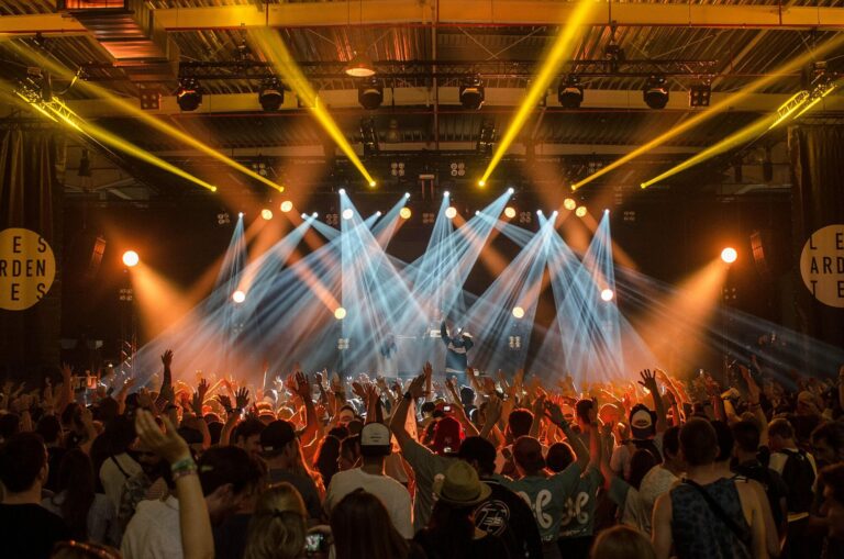 Public d'un concert face à une scène baignée de faisceaux lumineux blancs et bleus