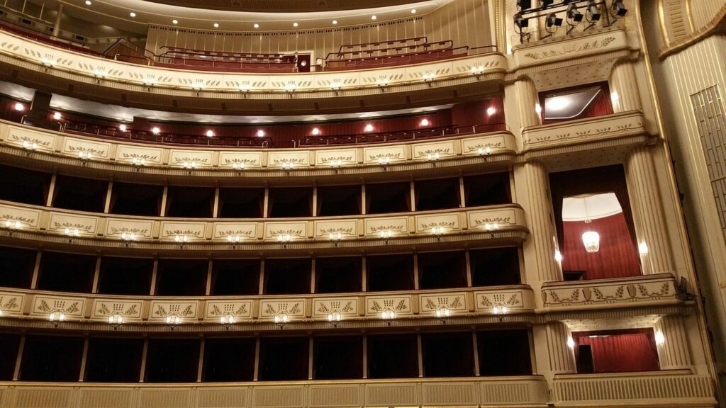 Rangées de loges rouges et dorées d’une salle d’opéra à l’italienne, ici l’Opéra d’État de Vienne