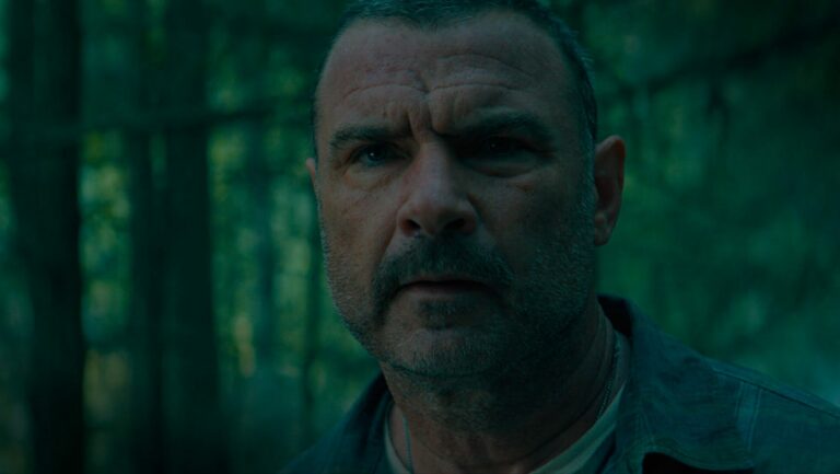 Liev Schreiber, le visage grave, dans une forêt sombre aux tons verts dans la série Nocturne