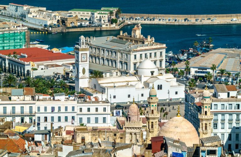 Vue plongeante sur la basse Casbah d'Alger avec la mosquée Ketchaoua au premier plan, la mosquée Djamaa el Djedid et le port en arrière-plan