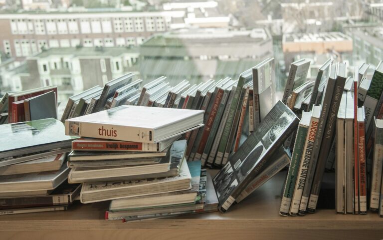 Piles de livres anciens posées sur un rebord de fenêtre de bibliothèque dominant une ville