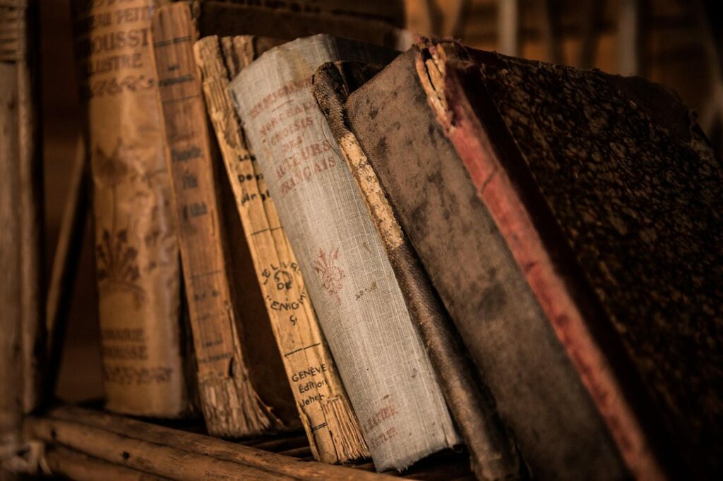 Vieux livres reliés aux dos usés, alignés sur une étagère en bois
