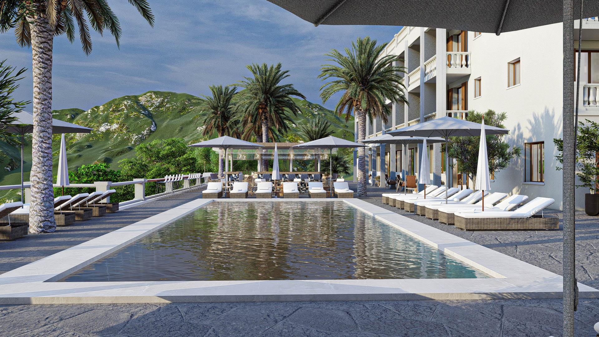 Terrasse de l'hôtel Le Mirage face à la mer, avant les travaux de 2025-2026