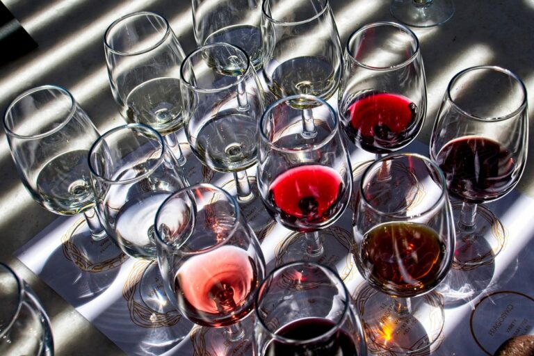 Rangées de verres à pied contenant des vins rouges et rosés prêts pour une dégustation, éclairés par le soleil