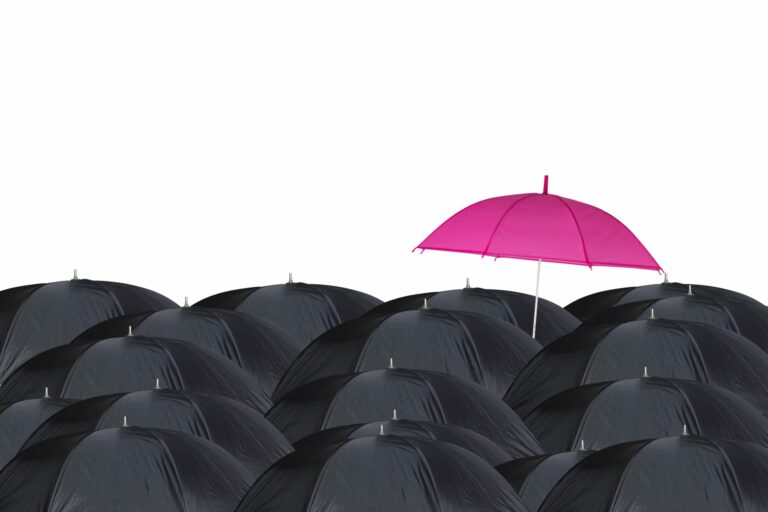 Un parapluie rose ouvert se détache au-dessus d’une foule de parapluies noirs sur fond blanc