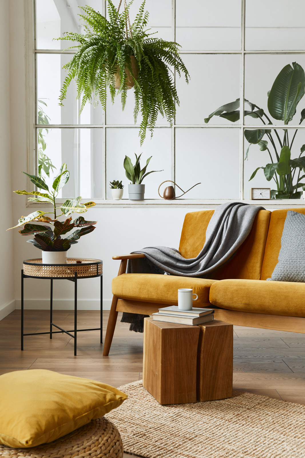 Salon scandinave lumineux avec canapé en velours jaune et plantes