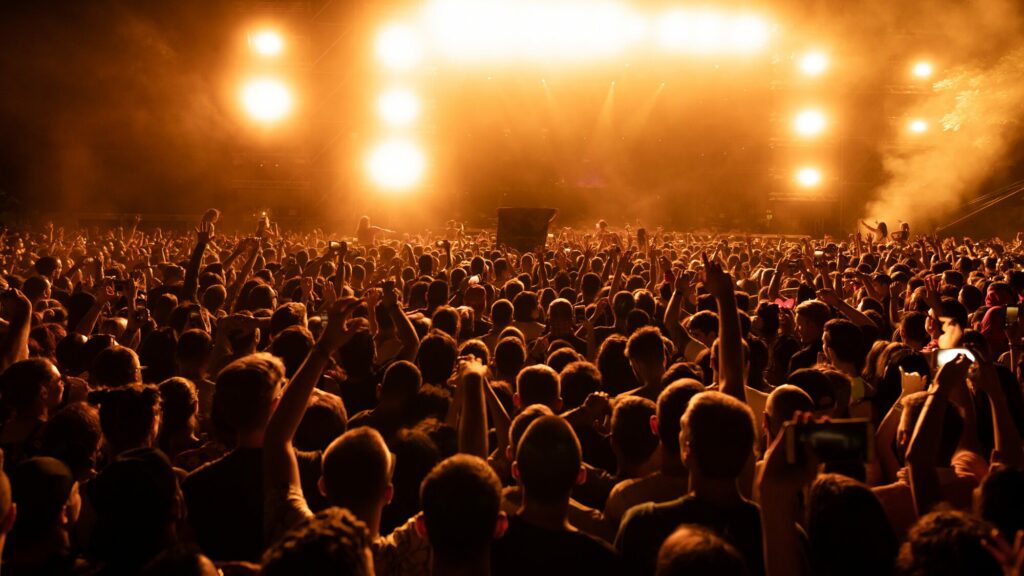 Foule de spectateurs vue de dos face à une scène de concert éclairée par des projecteurs