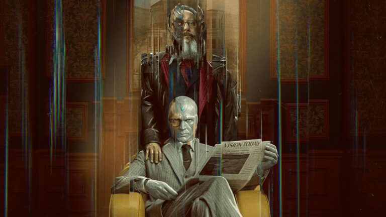 Paul Bettany en Vision, assis dans un fauteuil un journal à la main, devant un homme barbu en manteau sombre, dans le visuel de la série VisionQuest