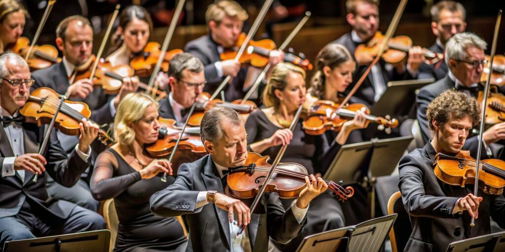 Rangs de violonistes d’un orchestre symphonique en plein concert