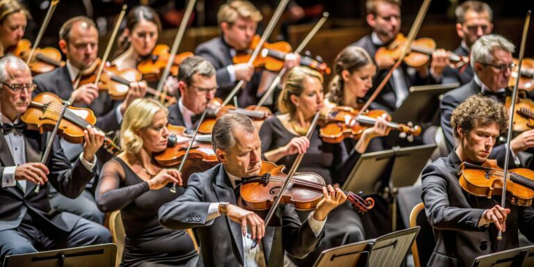 Rangs de violonistes d’un orchestre symphonique en plein concert