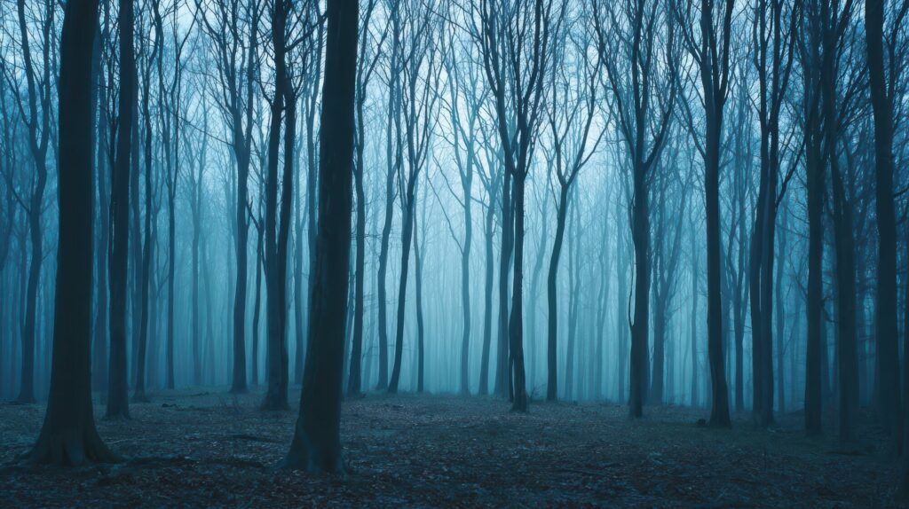 Forêt d’arbres dénudés plongée dans une brume bleutée