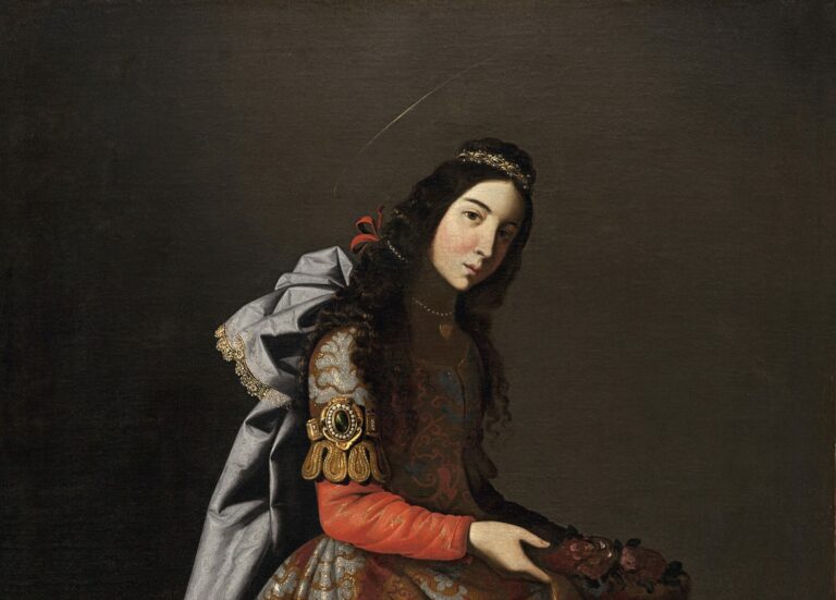 Sainte Casilda, tableau de Francisco de Zurbarán peint vers 1635, jeune femme en robe décorée tenant des roses